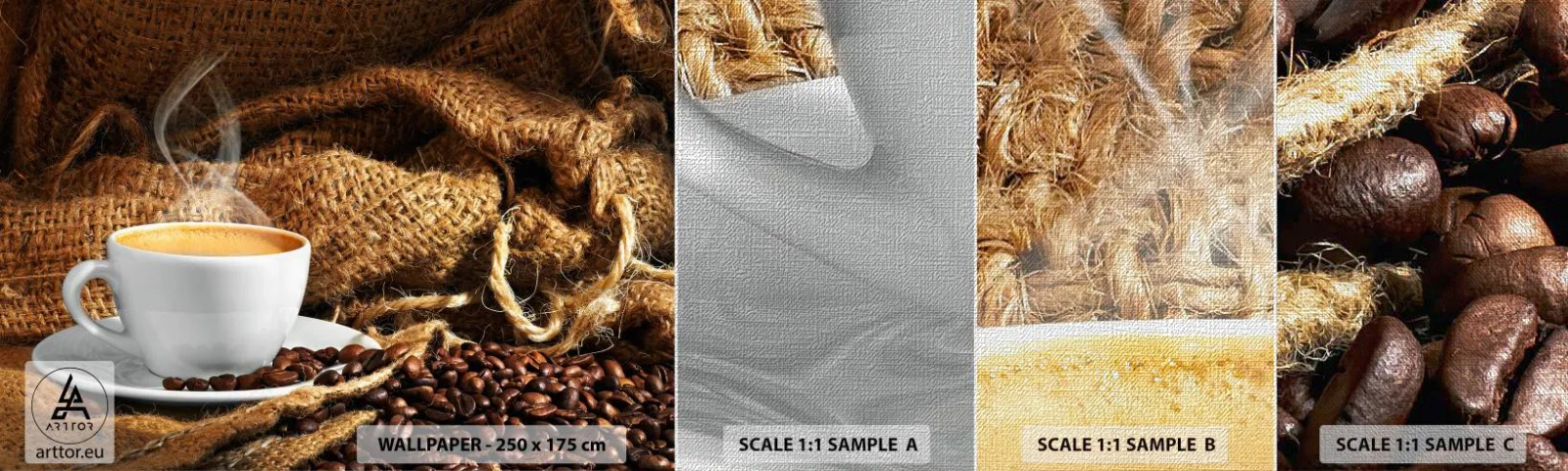 Muestra de fotomural Premium Canvas - Olor a moca y densidad del líquido meloso - Gastronomía, Café, taza de cafe - 100x30 cm