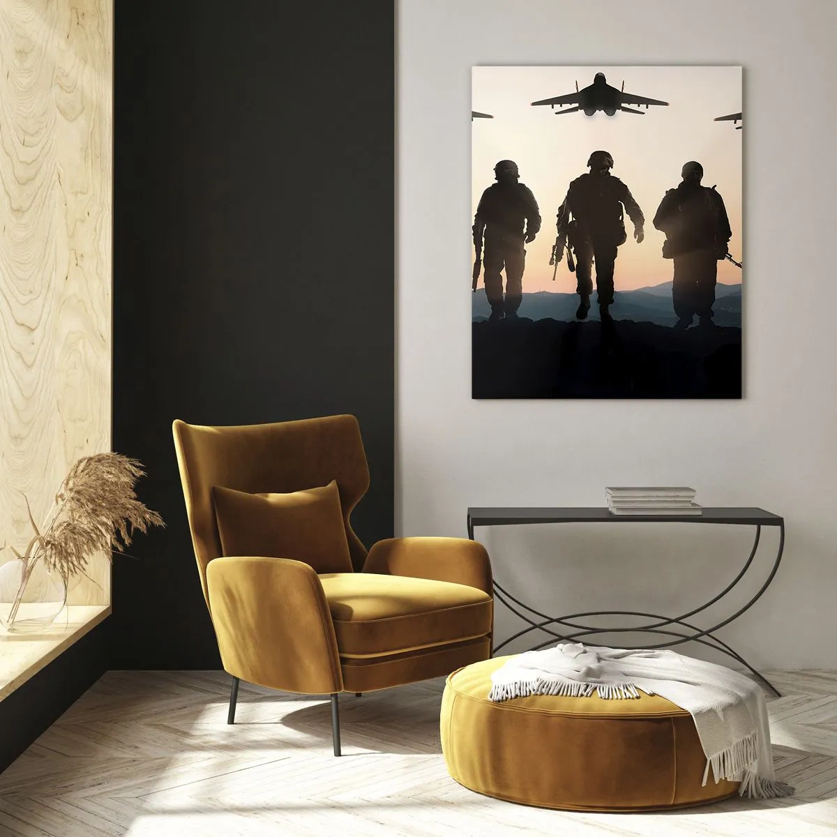 Cuadro sobre vidrio - Impresiones sobre Vidrio - Soldados con el sol poniente y los aviones como telón de fondo - 50x70cm - Bienvenido a nuestro mundo - Decoración de pared moderna para salón y dormitorio ARTTOR
