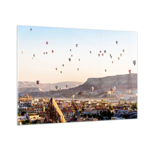 Cuadro sobre vidrio - Impresiones sobre Vidrio - Vuelo en globo sobre Capadocia a la luz de la mañana. - 100x70cm - Surcando los cielos - Decoración de pared moderna para salón y dormitorio ARTTOR