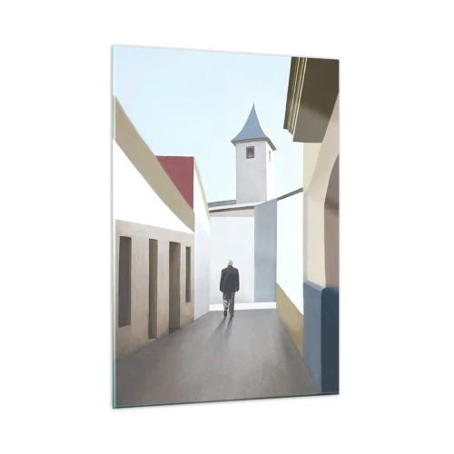 Cuadro sobre vidrio - Impresiones sobre Vidrio - Una calle al sol con una figura caminando en la distancia. - 50x70cm - Paseo soleado - Decoración de pared moderna para salón y dormitorio ARTTOR