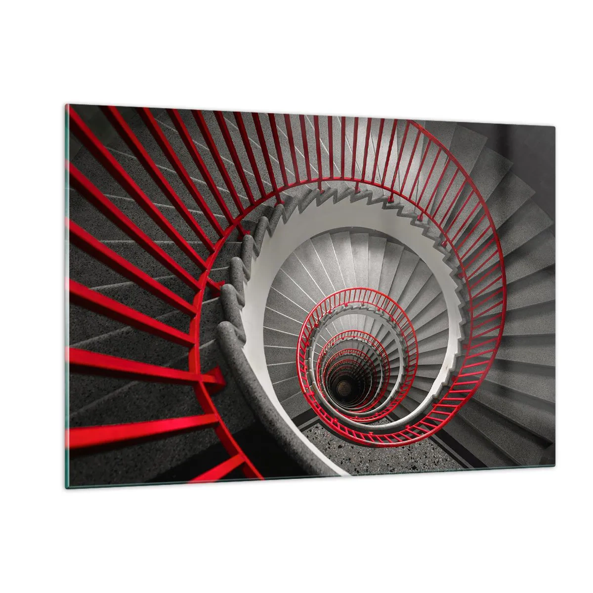 Cuadro sobre vidrio - Impresiones sobre Vidrio - Escalera de caracol con pasamanos rojos en perspectiva - 120x80cm - Juegos arquitectónicos - Decoración de pared moderna para salón y dormitorio ARTTOR