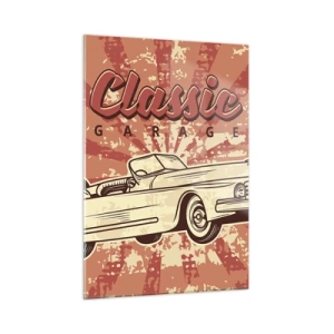 Cuadro sobre vidrio - Impresiones sobre Vidrio - Gráfico retro de un coche clásico sobre un fondo de rayos. - 50x70cm - Y Elvis en la radio - Decoración de pared moderna para salón y dormitorio ARTTOR