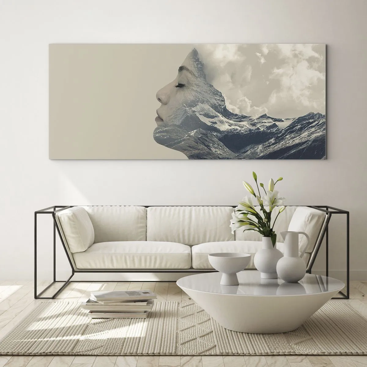 Cuadro sobre vidrio - Impresiones sobre Vidrio - Silueta de una mujer con un paisaje montañoso al fondo - 160x50cm - La belleza de los elementos - Decoración de pared moderna para salón y dormitorio ARTTOR