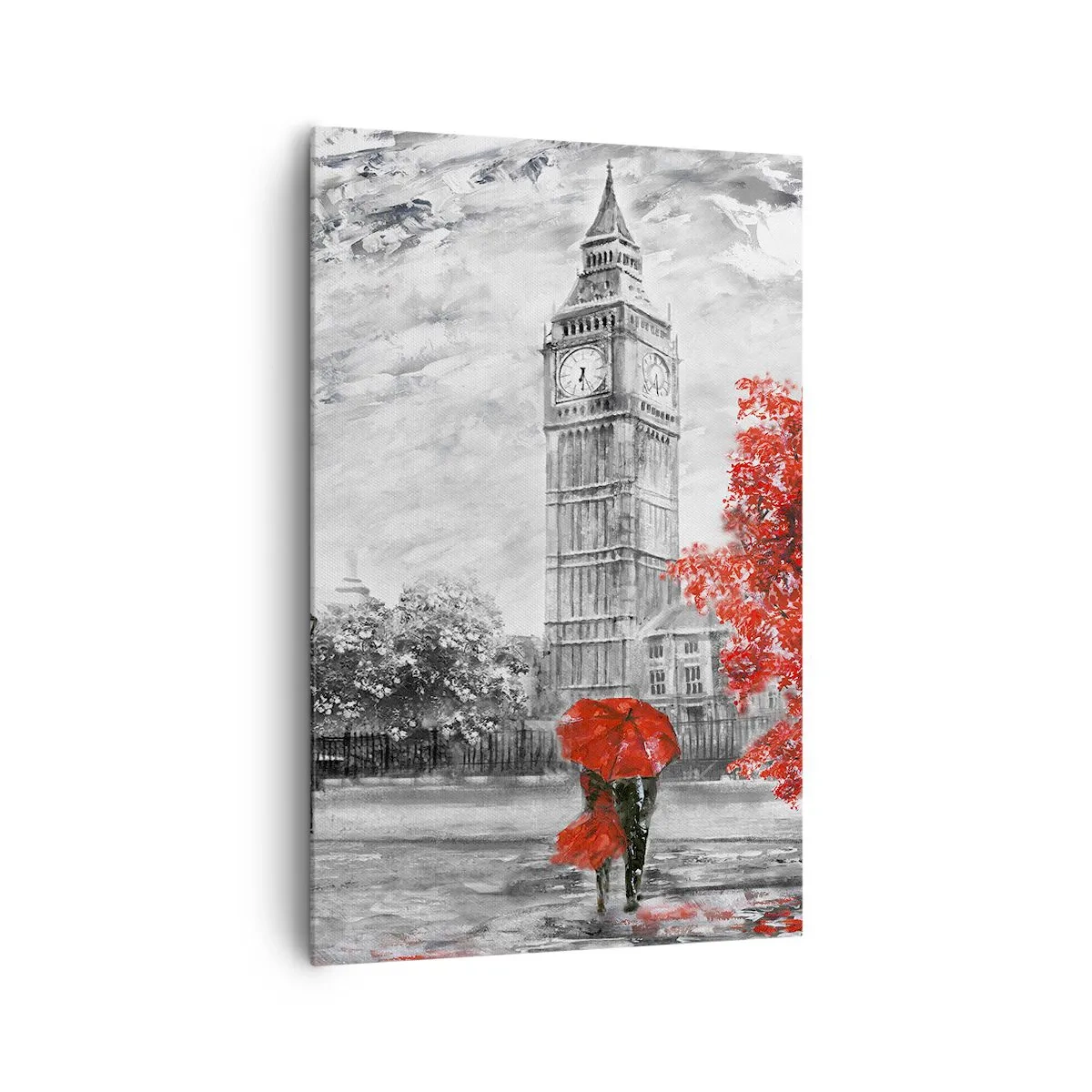 Cuadro sobre lienzo - Impresión de Imagen - Vista icónica de Londres con el Big Ben, un autobús rojo y un paraguas. - 80x120cm - Un día emocionante - Decoración de pared moderna para salón y dormitorio ARTTOR