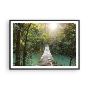 Póster en marco negro - Un puente colgante en un bosque tropical iluminado por la luz del sol. - 100x70cm - Sobre el agua azul hacia el bosque - Decoración de pared moderna para salón y dormitorio ARTTOR