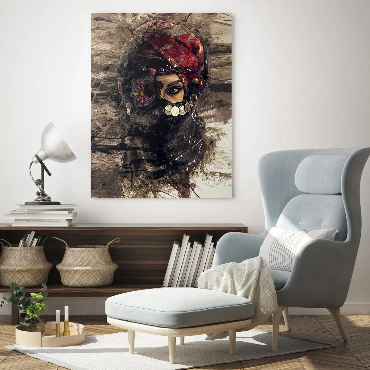 Cuadro sobre vidrio - Impresiones sobre Vidrio - Retrato de una mujer misteriosa con un turbante rojo. - 50x70cm - Inquietante, como mínimo - Decoración de pared moderna para salón y dormitorio ARTTOR