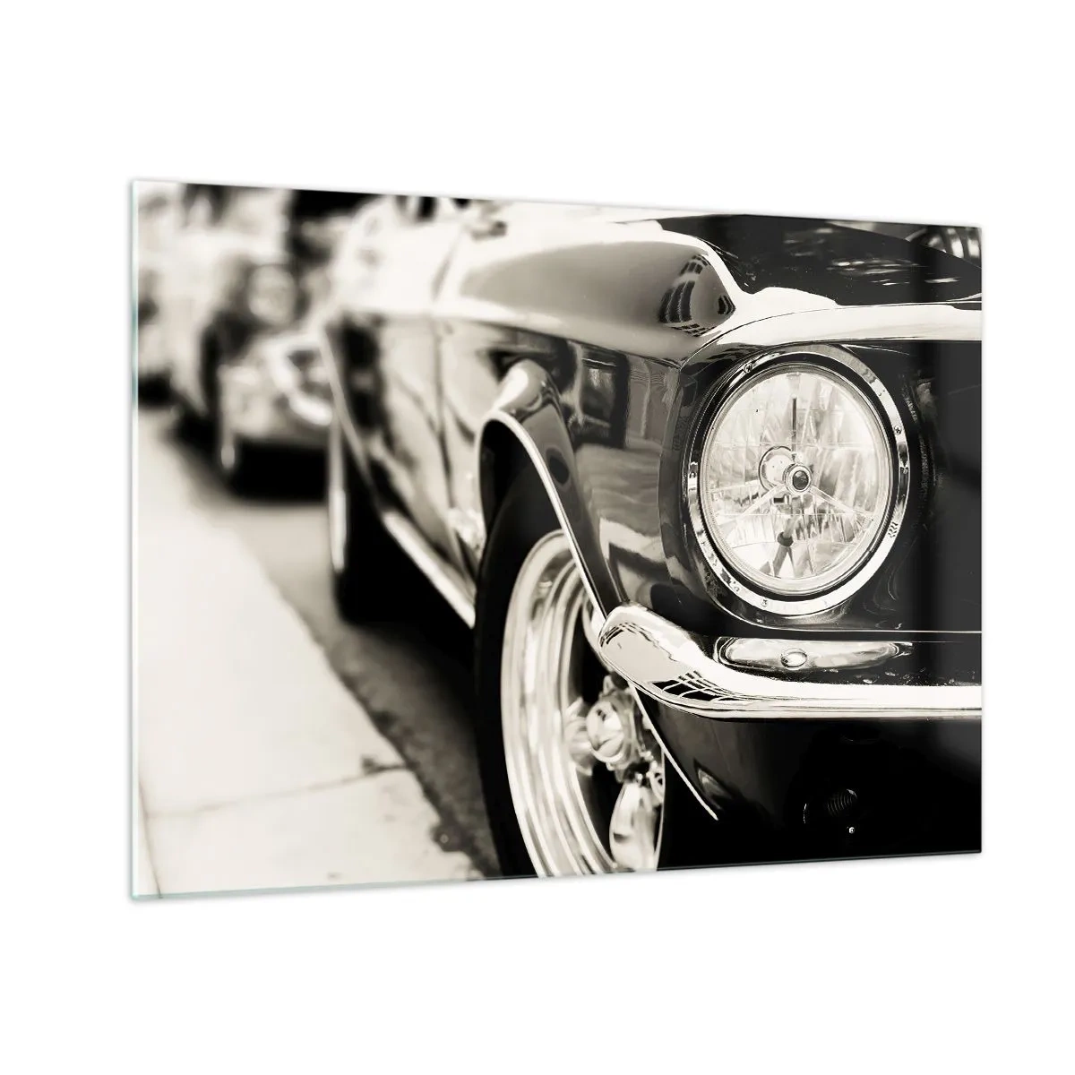 Cuadro sobre vidrio - Impresiones sobre Vidrio - Primer plano del frontal de un coche clásico en sepia. - 70x50cm - Brillo perdurable - Decoración de pared moderna para salón y dormitorio ARTTOR