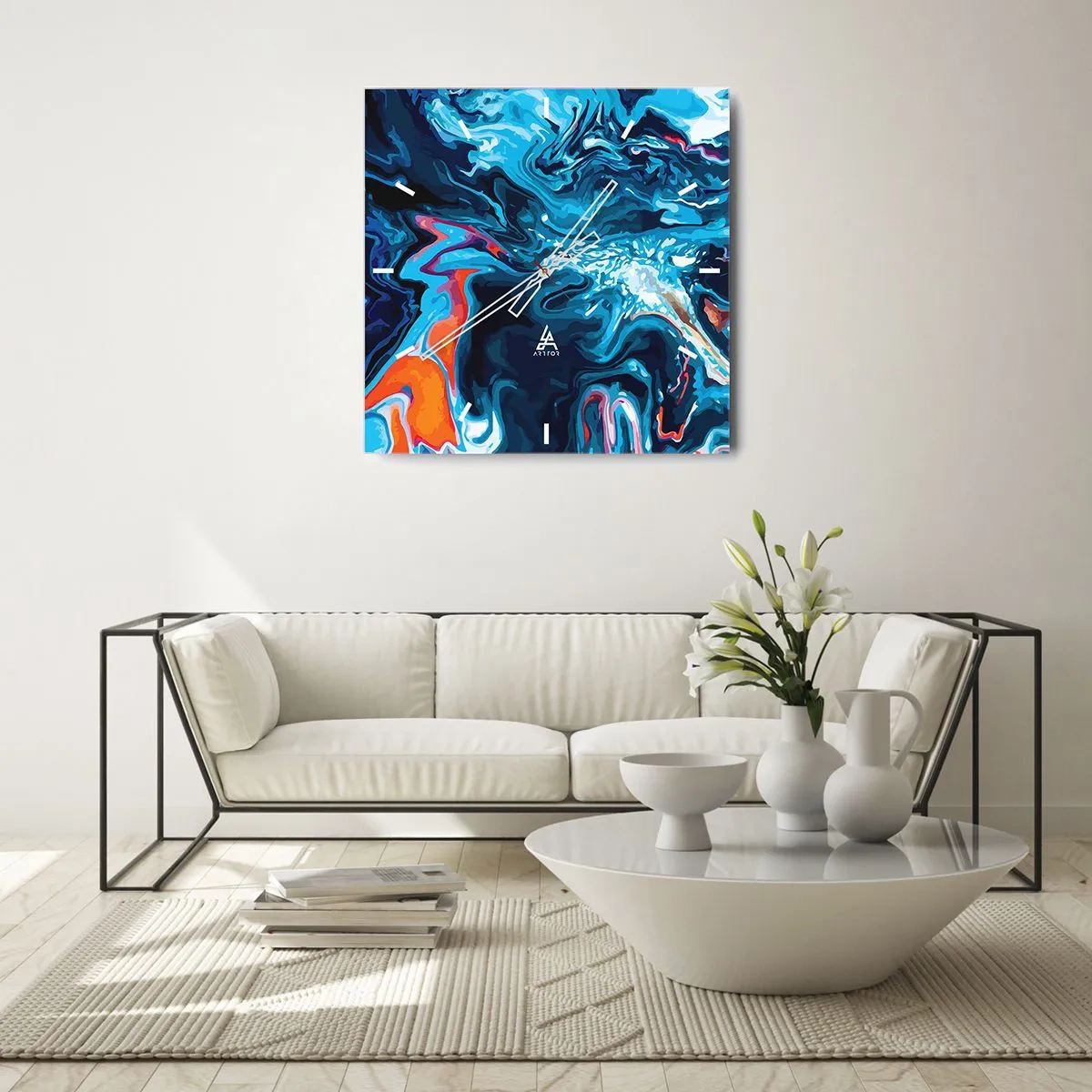 Reloj de pared - Reloj de vidrio - Un patrón abstracto en tonos azules con acentos naranjas. - 30x30cm - Un viaje al cielo - Decoración de pared moderna para salón y dormitorio ARTTOR