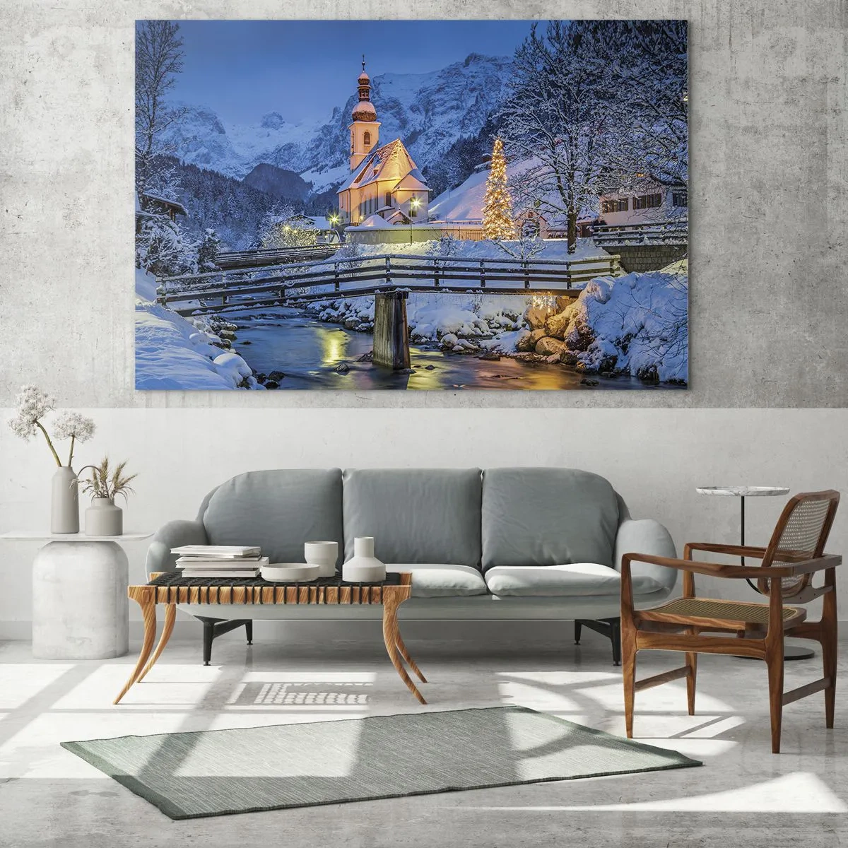 Cuadro sobre vidrio - Impresiones sobre Vidrio - Paisaje navideño en un entorno invernal - 70x50cm - El espíritu de la Navidad - Decoración de pared moderna para salón y dormitorio ARTTOR