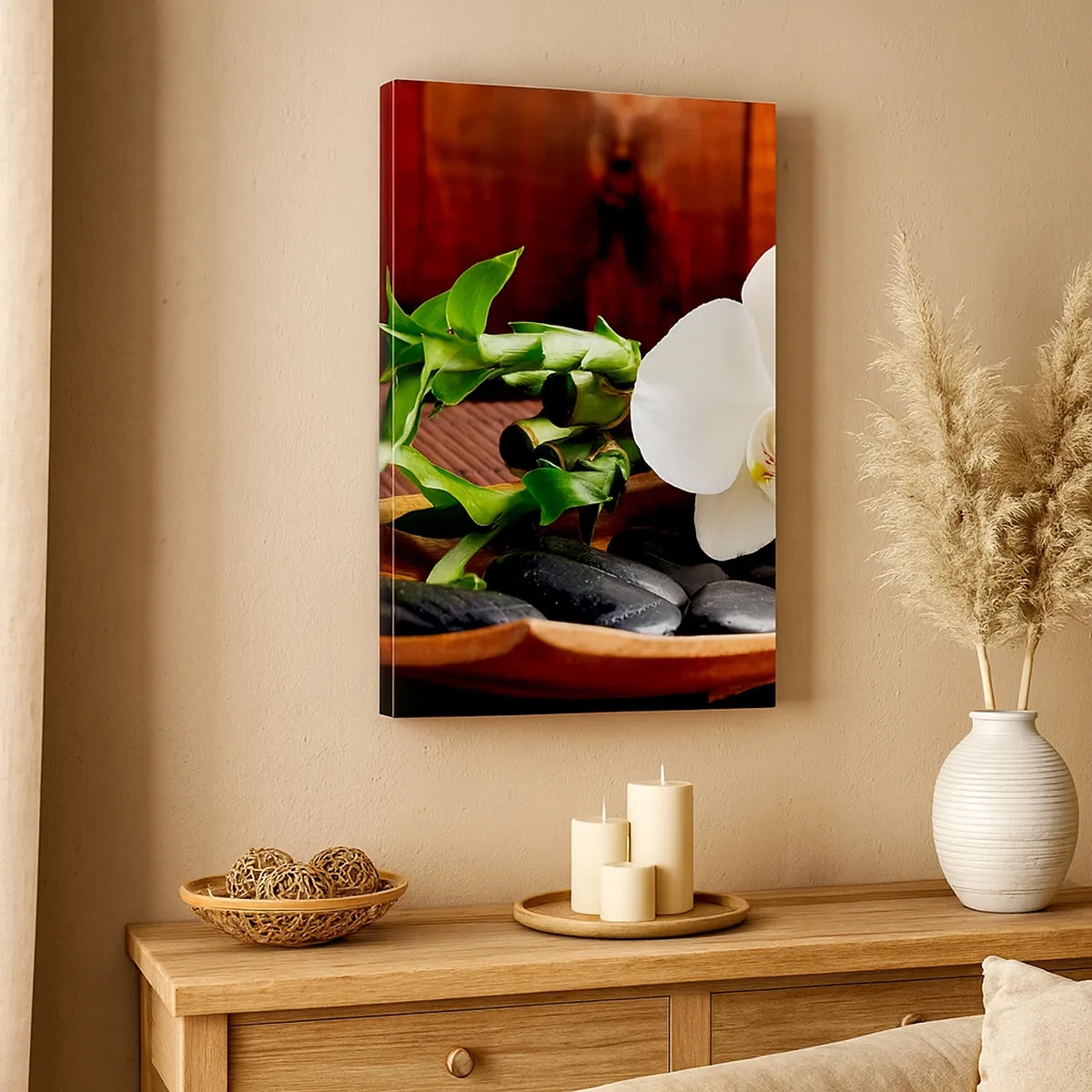 Cuadro sobre lienzo - Impresión de Imagen - Orquídea blanca con bambú sobre un fondo de piedra de estilo zen. - 50x70cm - Ríndete al tacto de la naturaleza - Decoración de pared moderna para salón y dormitorio ARTTOR