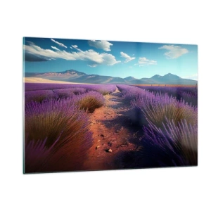 Cuadro sobre vidrio - Impresiones sobre Vidrio - Campos de lavanda al atardecer con vistas a las montañas. - 120x80cm - Campos fragantes - Decoración de pared moderna para salón y dormitorio ARTTOR