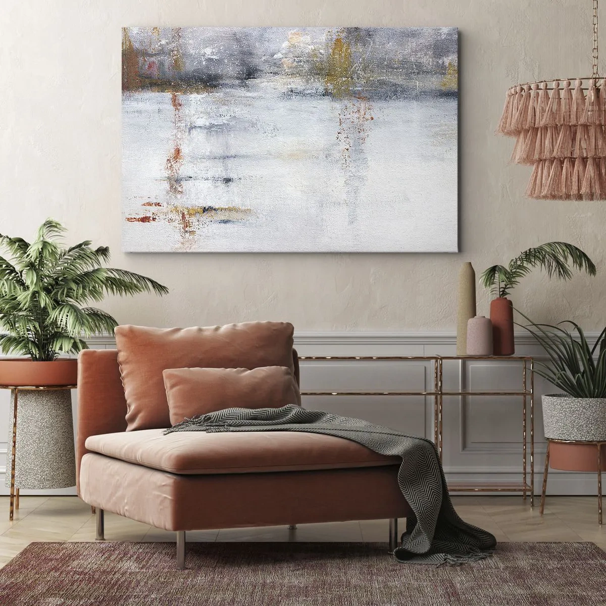 Cuadro sobre lienzo - Impresión de Imagen - Un paisaje abstracto con acentos borrosos de gris y dorado. - 70x50cm - Tras una cortina de aire - Decoración de pared moderna para salón y dormitorio ARTTOR