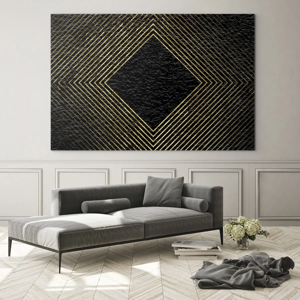 Cuadro sobre vidrio - Impresiones sobre Vidrio - Diamante dorado con líneas geométricas sobre fondo negro. - 70x50cm - Geometría al estilo glamour - Decoración de pared moderna para salón y dormitorio ARTTOR