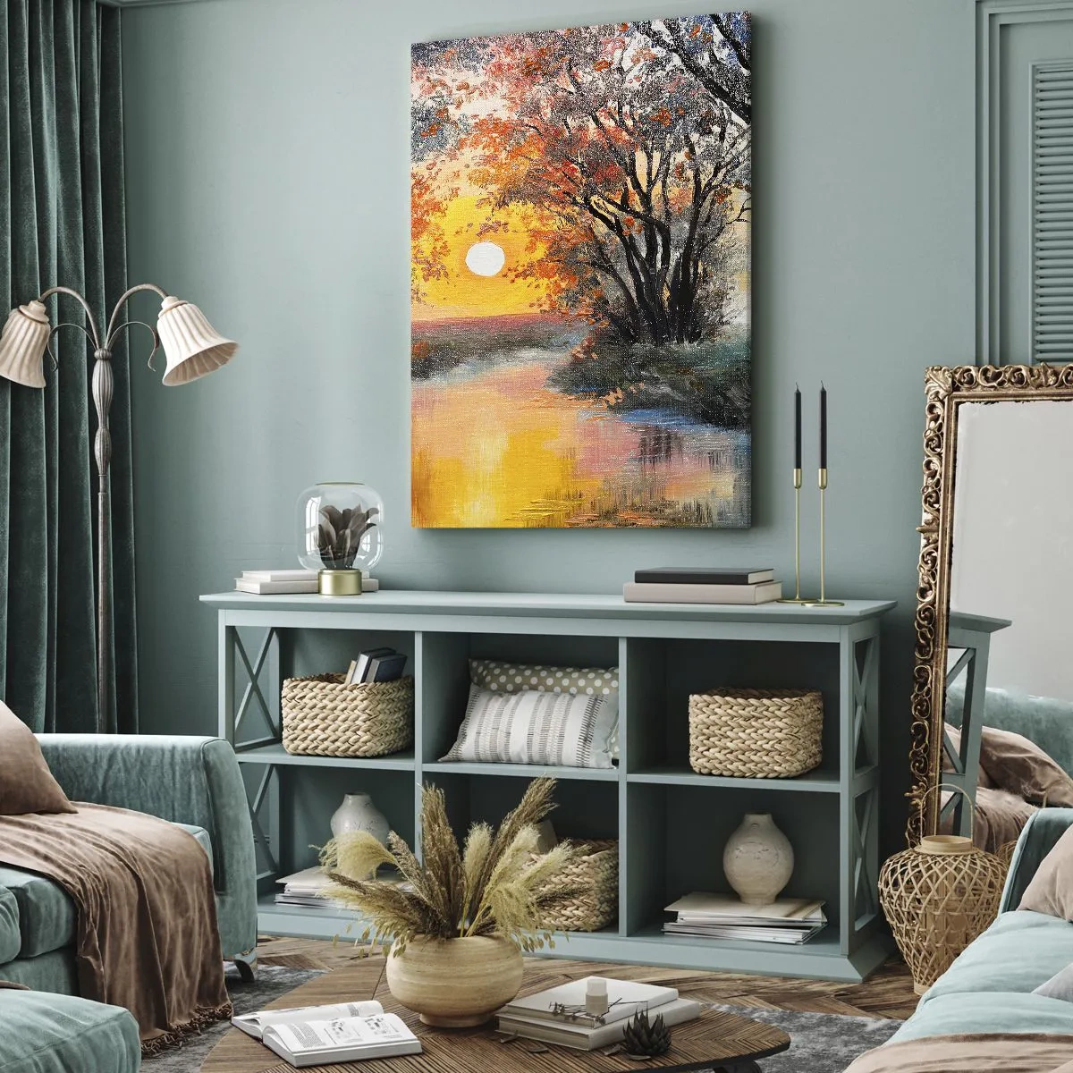 Cuadro sobre lienzo - Impresión de Imagen - Puesta de sol sobre el río en un paisaje otoñal - 50x70cm - Ambiente otoñal - Decoración de pared moderna para salón y dormitorio ARTTOR