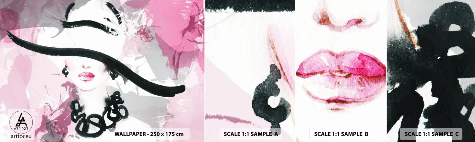 Muestra de fotomural autoadhesivo Deluxe Sticker - Retrato de una dama en negro y rosa - Mujer, cara de mujer, Abstracción - 100x30 cm