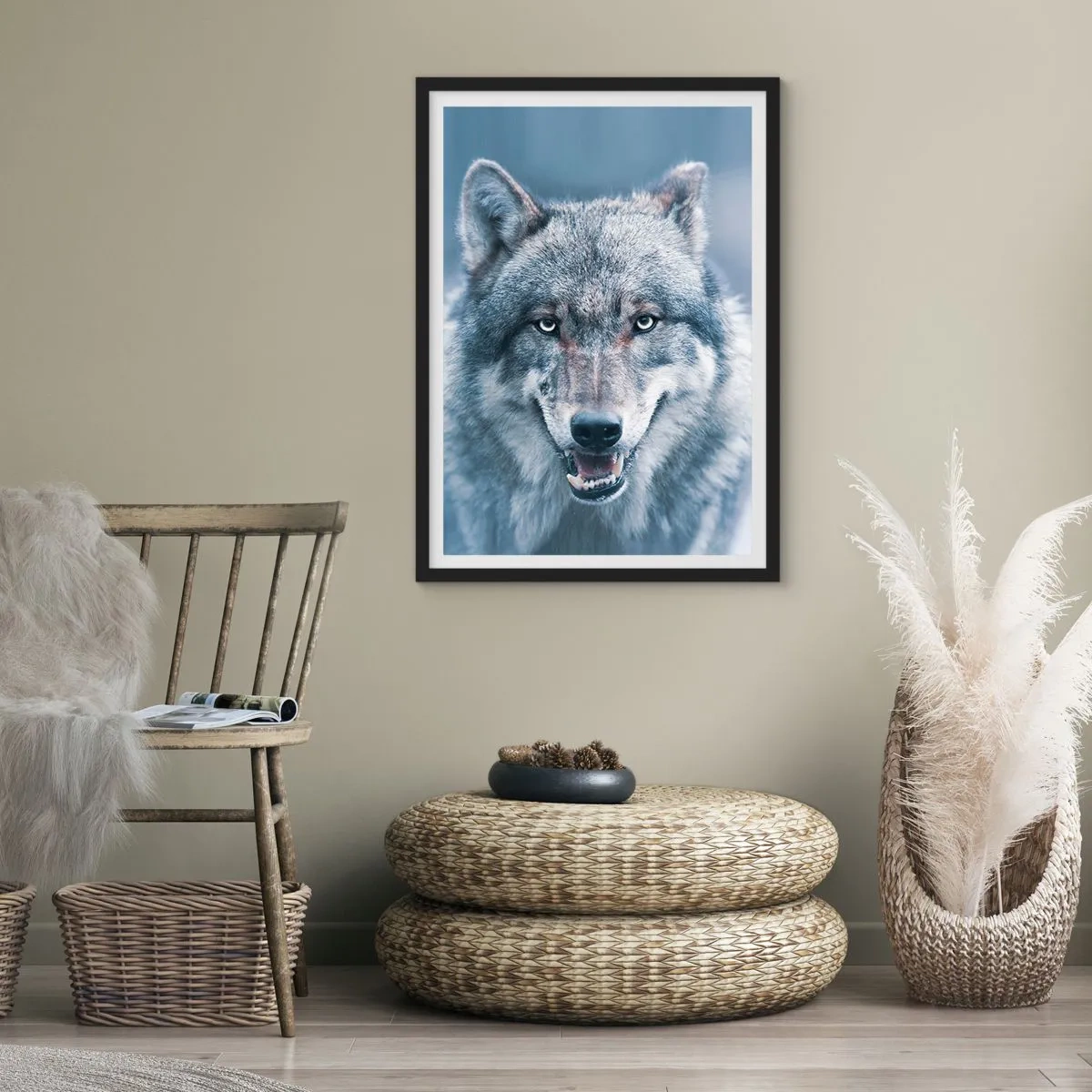 Póster en marco negro - Retrato de un lobo frente a un paisaje invernal - 50x70cm - ¿Aceptarás el reto? - Decoración de pared moderna para salón y dormitorio ARTTOR