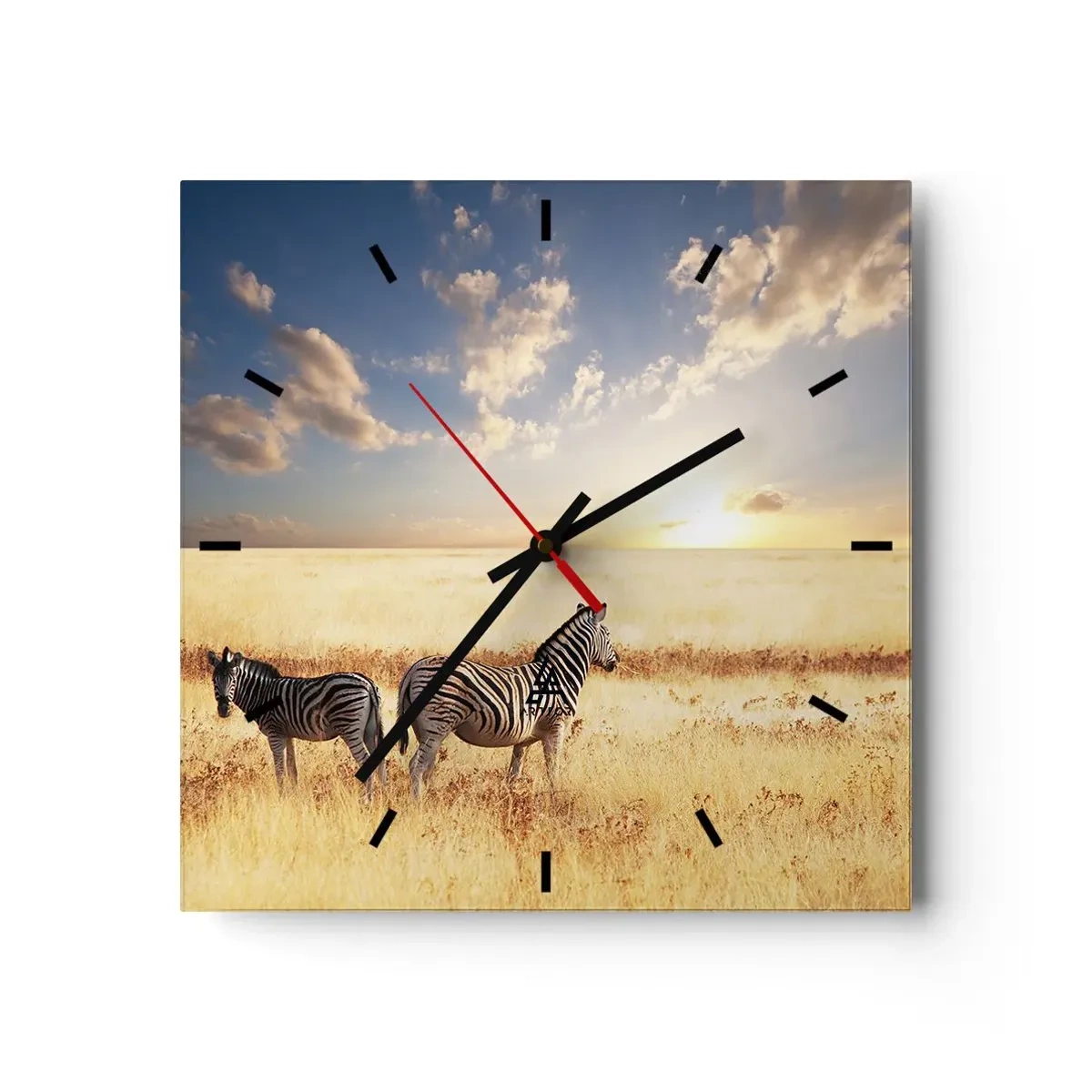 Reloj de pared - Reloj de vidrio - Dos cebras en la sabana bajo los rayos del sol poniente. - 30x30cm - Vete, no perturbes la paz - Decoración de pared moderna para salón y dormitorio ARTTOR