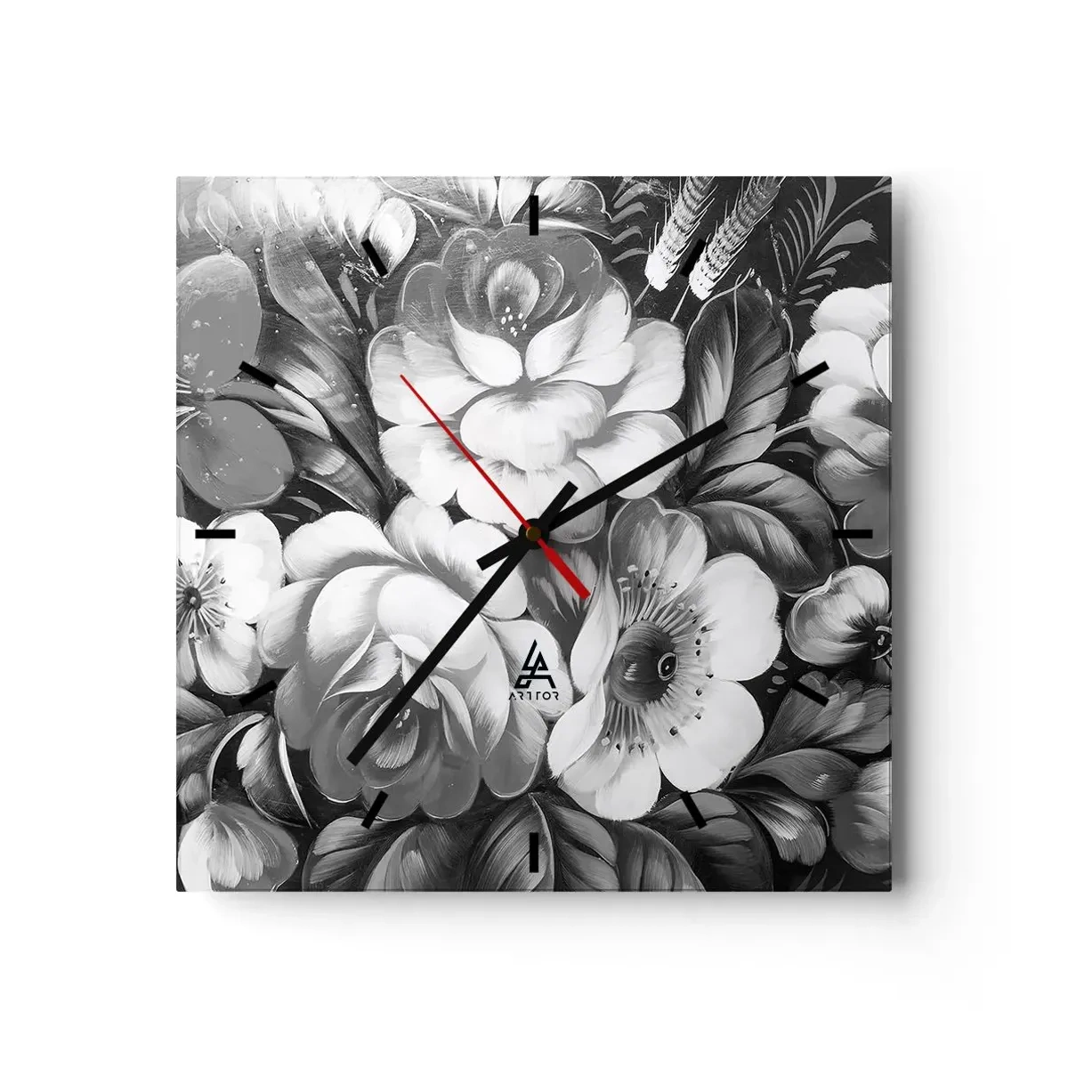 Reloj de pared - Reloj de vidrio - Flores en blanco y negro en una composición clásica y elegante. - 30x30cm - Hermoso incluso en el gris - Decoración de pared moderna para salón y dormitorio ARTTOR