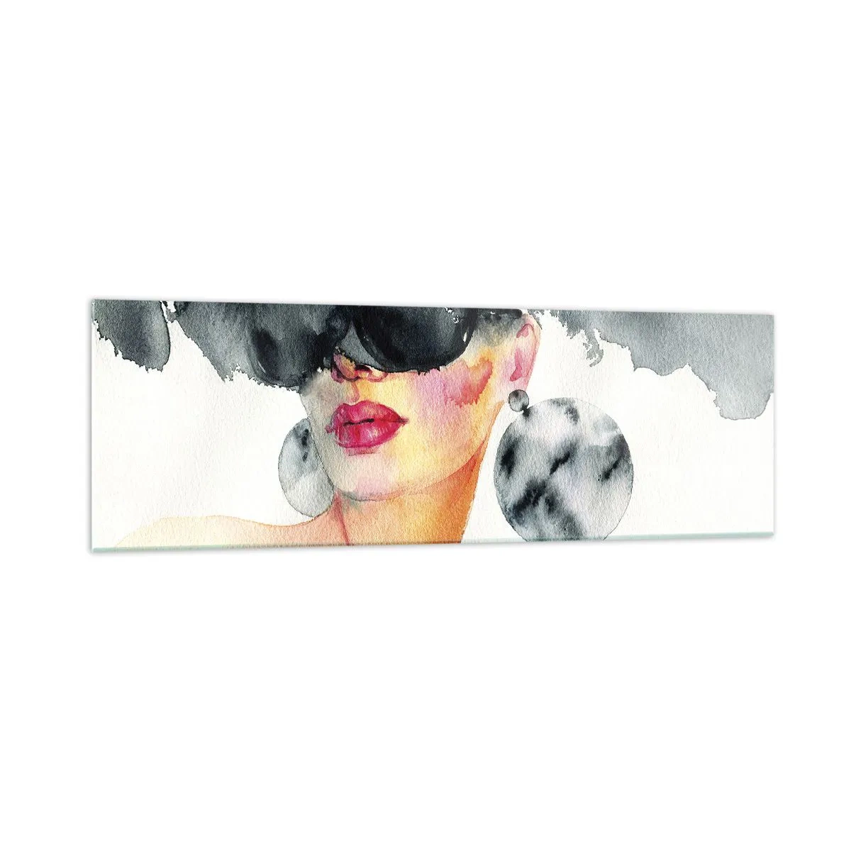 Cuadro sobre vidrio - Impresiones sobre Vidrio - Una mujer con gafas elegantes y pendientes grandes. - 160x50cm - El secreto de la elegancia - Decoración de pared moderna para salón y dormitorio ARTTOR