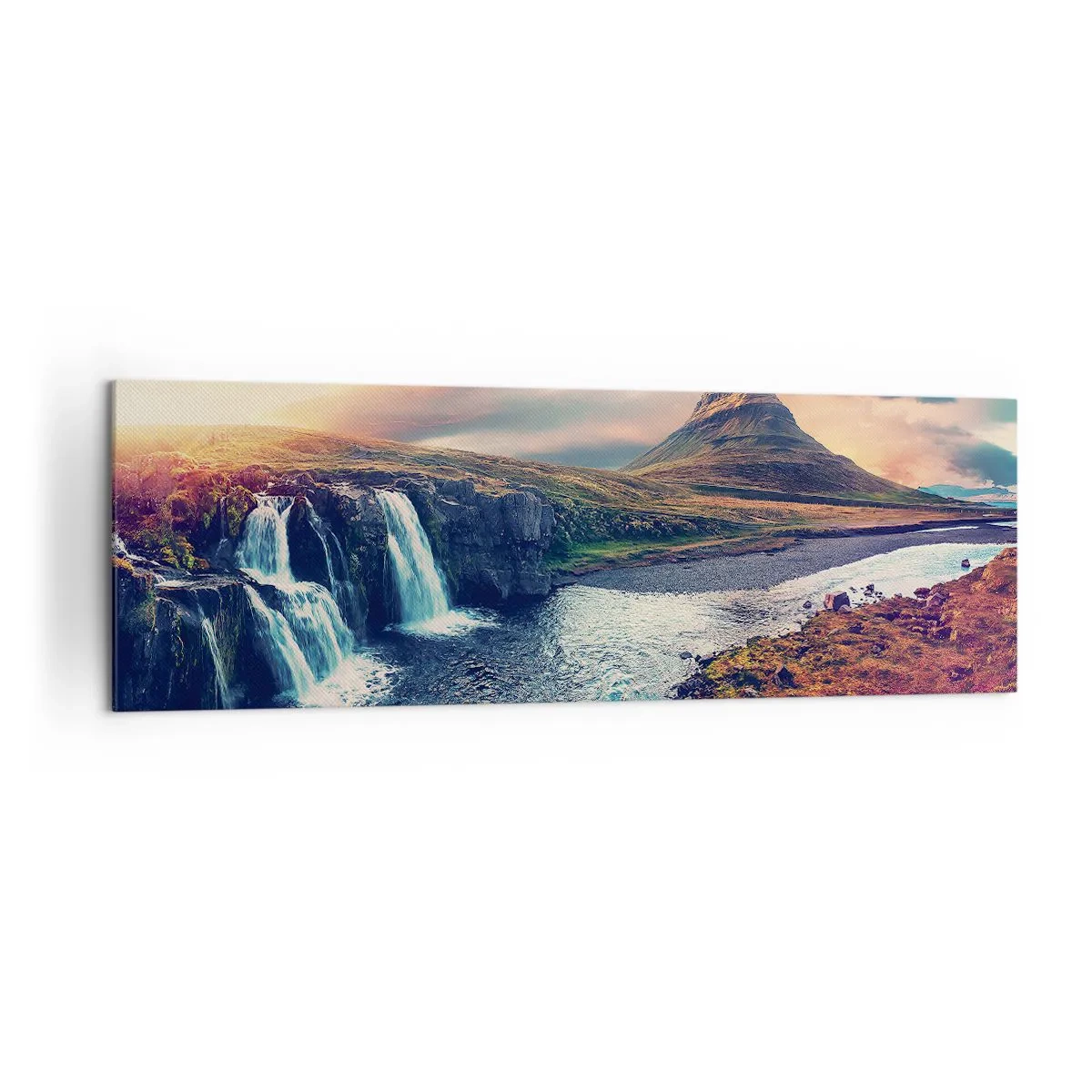 Cuadro sobre lienzo - Impresión de Imagen - Vista de la cascada y la montaña a la luz del sol poniente. - 160x50cm - En la majestuosidad de la naturaleza - Decoración de pared moderna para salón y dormitorio ARTTOR