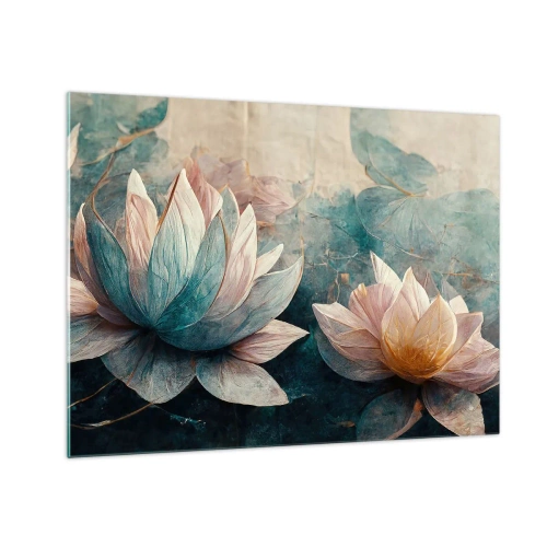 Cuadro sobre vidrio - Impresiones sobre Vidrio - Representación artística de flores de loto sobre un fondo de hojas de agua. - 70x50cm - Estrellas de lago - Decoración de pared moderna para salón y dormitorio ARTTOR