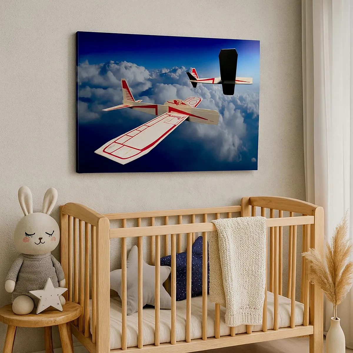 Cuadro sobre lienzo - Impresión de Imagen - Dos aviones de madera volando sobre las nubes contra un cielo azul. - 70x50cm - Más alto, más lejos - Decoración de pared moderna para salón y dormitorio ARTTOR