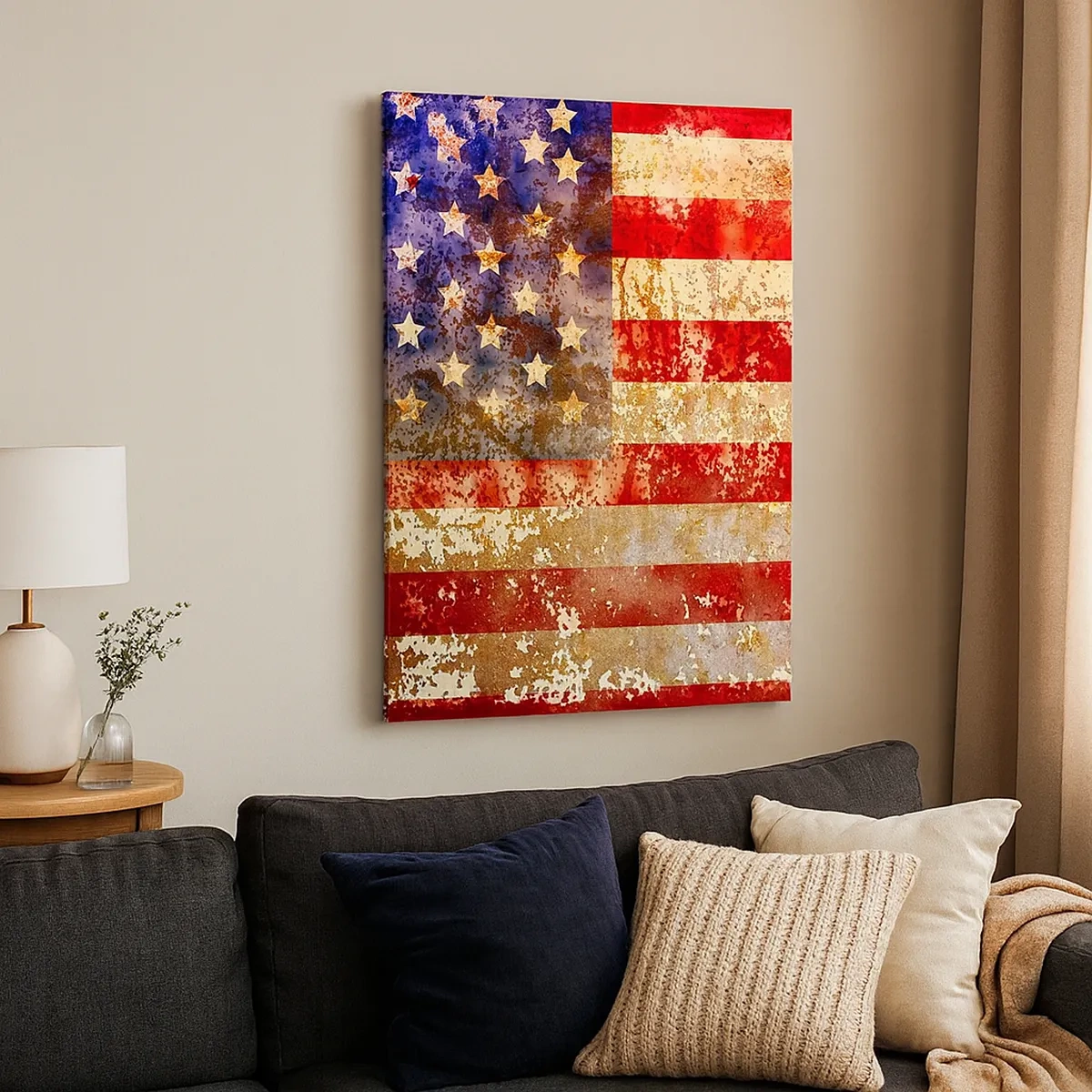 Cuadro sobre lienzo - Impresión de Imagen - Bandera estadounidense estilizada con efecto envejecido - 50x70cm - La gloria no pasa - Decoración de pared moderna para salón y dormitorio ARTTOR