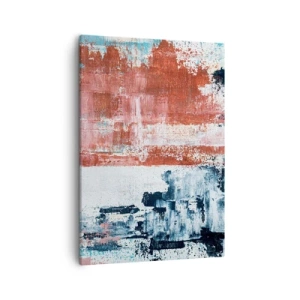 Cuadro sobre lienzo - Impresión de Imagen - Abstracción en colores blanco, azul y ladrillo. - 50x70cm - Mitad abstracción, mitad abstracción - Decoración de pared moderna para salón y dormitorio ARTTOR