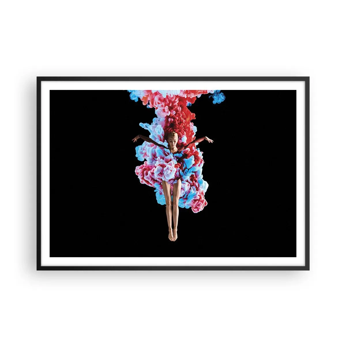 Póster en marco negro - Una bailarina rodeada de humo de colores sobre un fondo negro. - 100x70cm - En plena floración - Decoración de pared moderna para salón y dormitorio ARTTOR