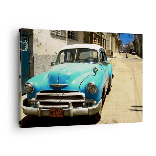 Cuadro sobre lienzo - Impresión de Imagen - Un coche clásico azul en la calle en un día soleado. - 70x50cm - ¡Viva Cuba! - Decoración de pared moderna para salón y dormitorio ARTTOR