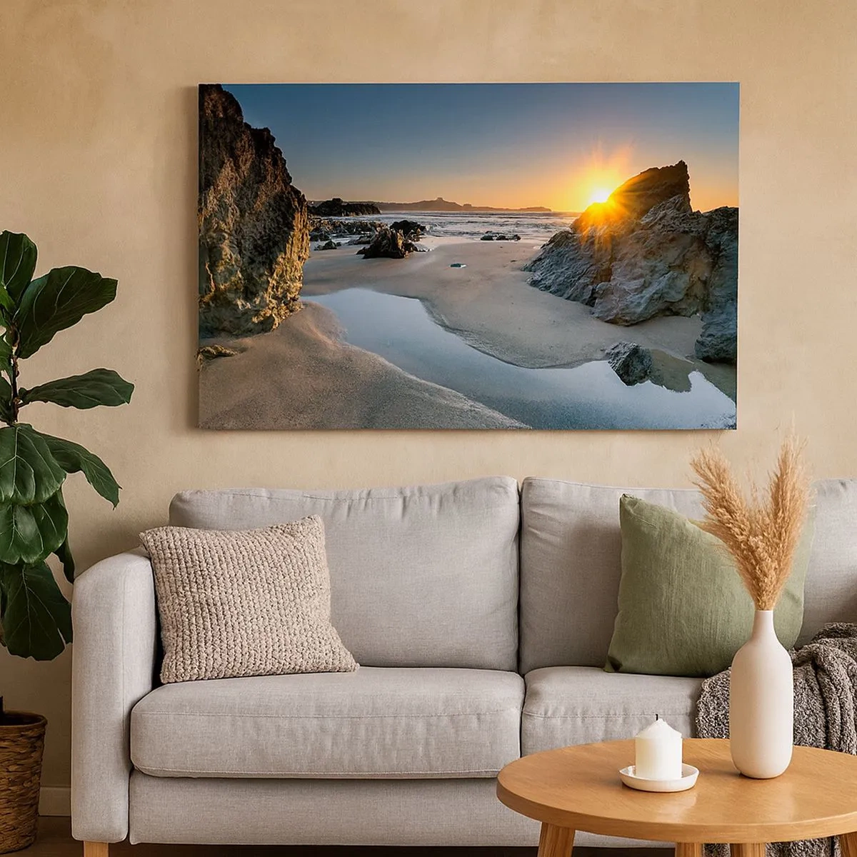 Cuadro sobre lienzo - Impresión de Imagen - Atardecer pintoresco en una playa rocosa - 70x50cm - Sin tocar por la mano del hombre - Decoración de pared moderna para salón y dormitorio ARTTOR