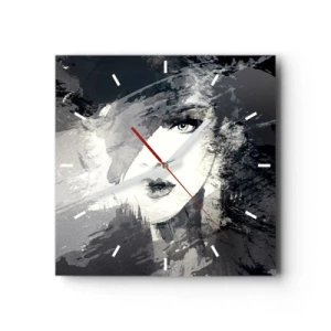 Reloj de pared - Reloj de vidrio - Un retrato abstracto de una mujer en tonos grises con acentos delicados. - 30x30cm - Tras un velo gris - Decoración de pared moderna para salón y dormitorio ARTTOR