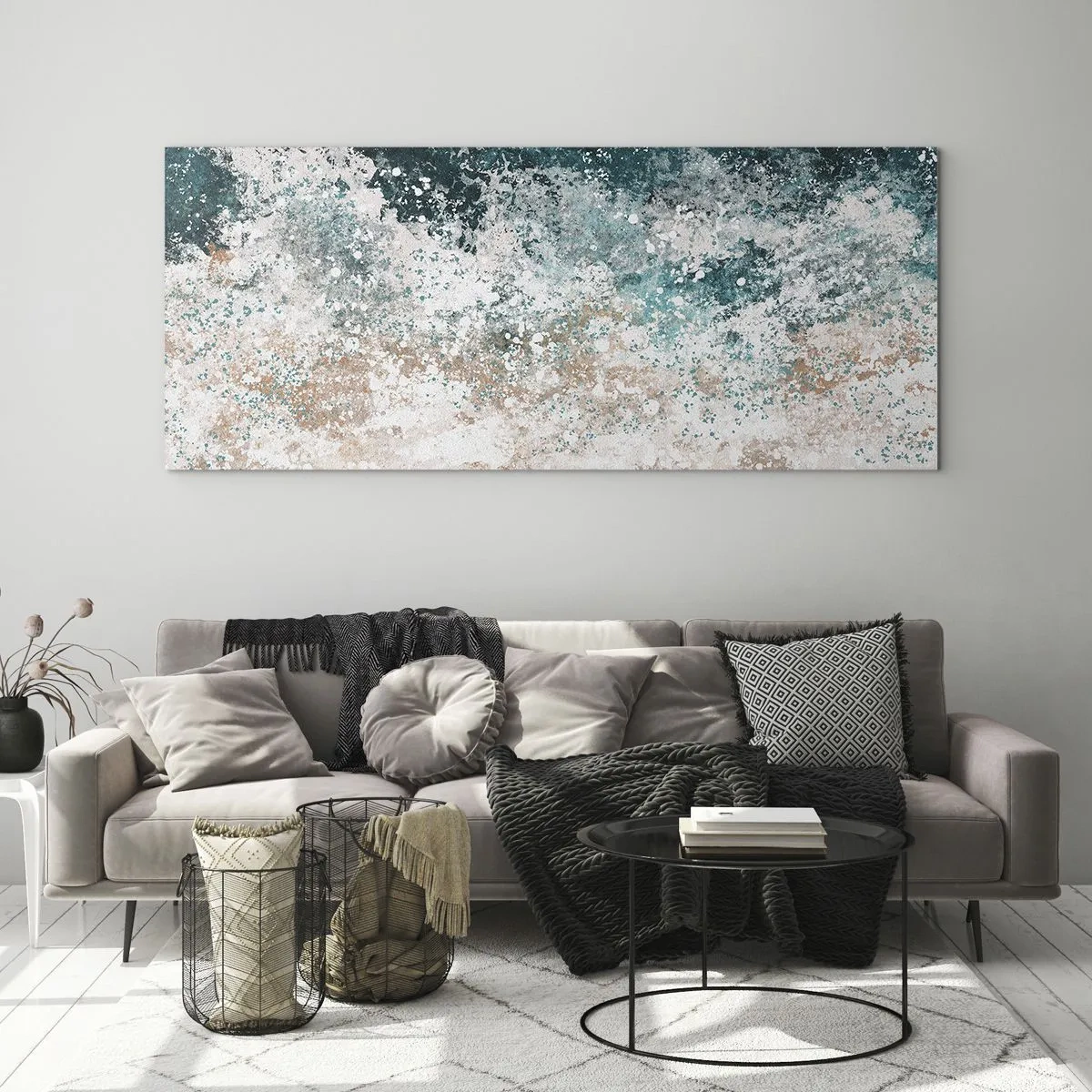 Cuadro sobre vidrio - Impresiones sobre Vidrio - Ola marina abstracta en tonos turquesa y beige - 140x50cm - Historias del mar - Decoración de pared moderna para salón y dormitorio ARTTOR