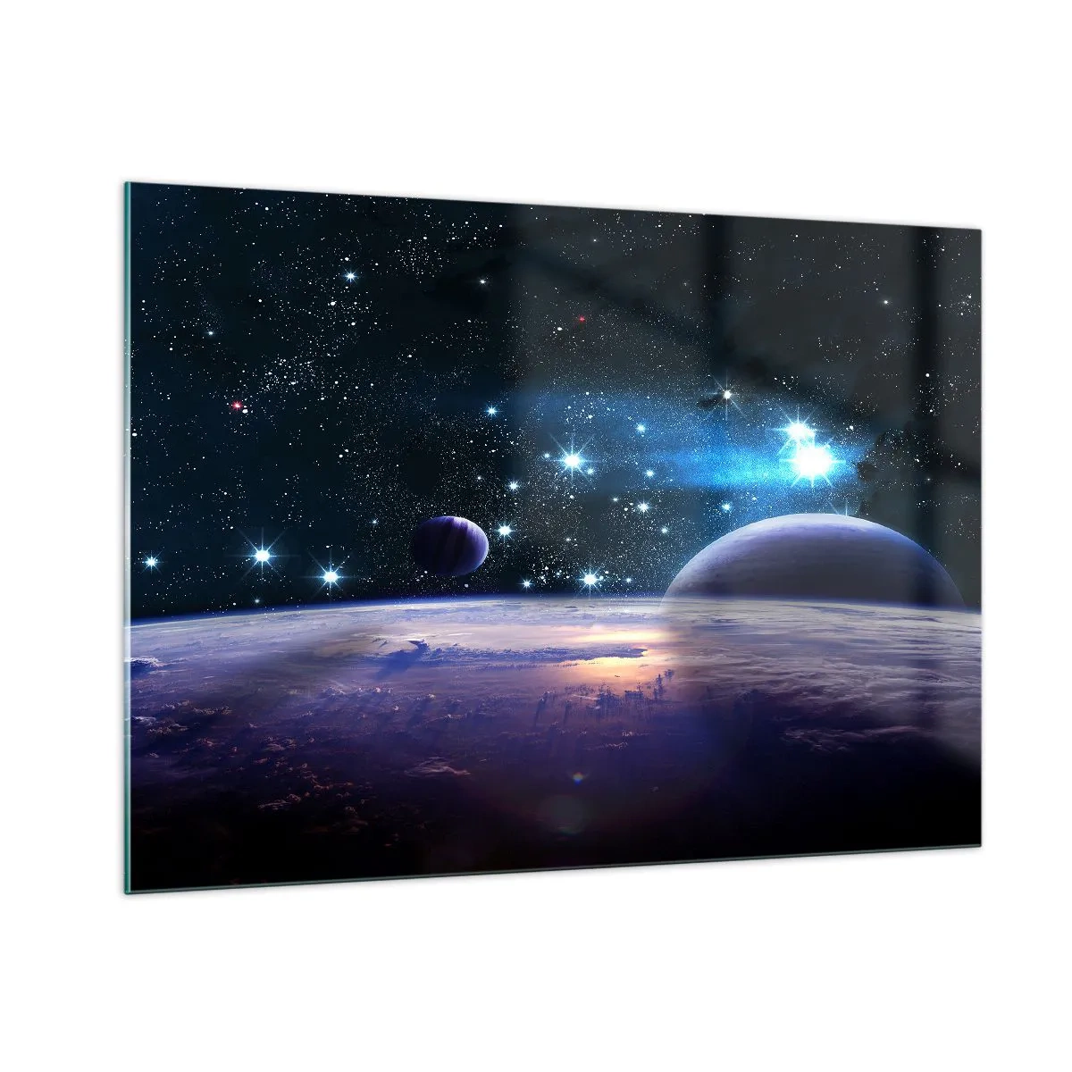 Cuadro sobre vidrio - Impresiones sobre Vidrio - Un paisaje espacial con planetas y estrellas sobre el fondo de una galaxia. - 100x70cm - ¿Sigues solo? - Decoración de pared moderna para salón y dormitorio ARTTOR