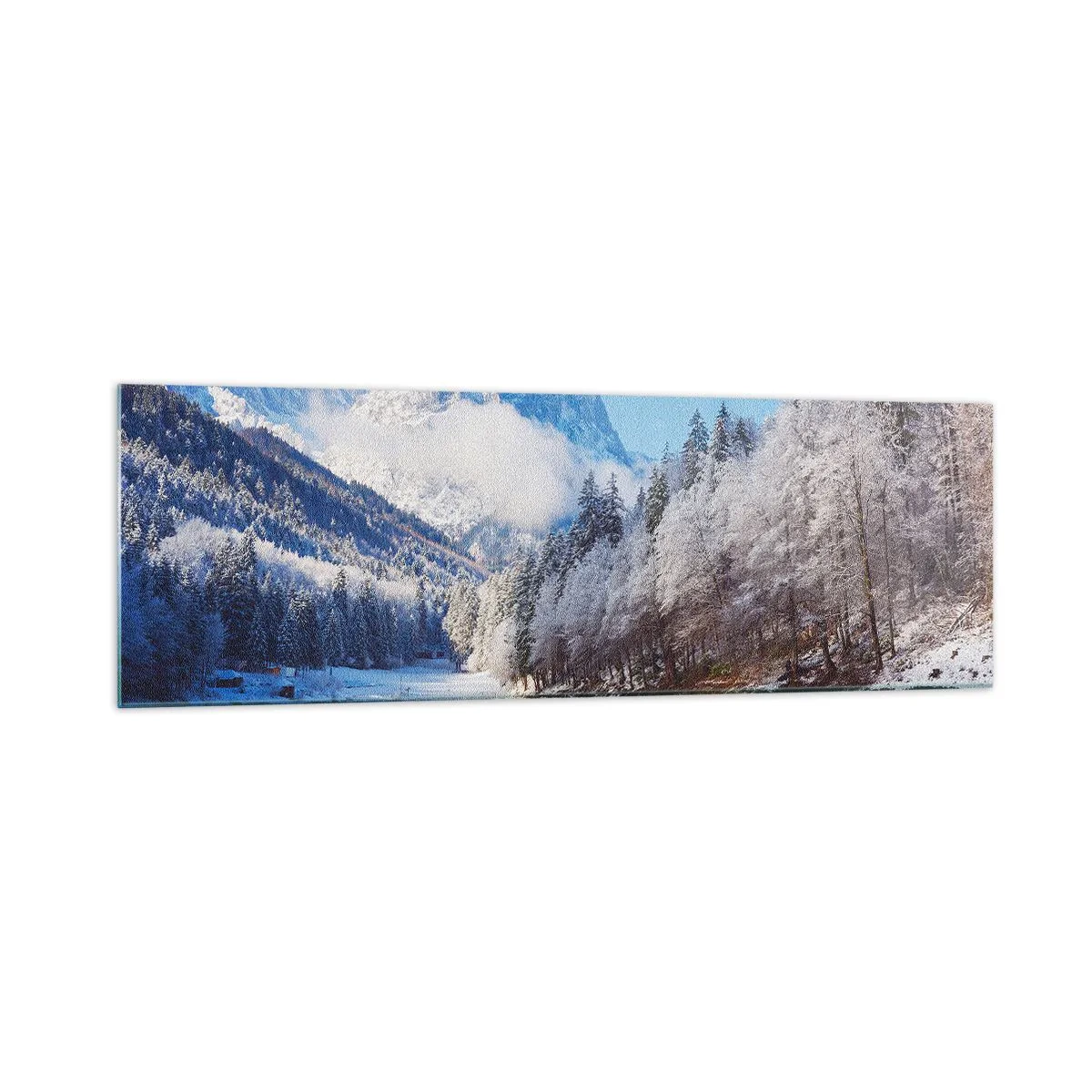 Cuadro sobre vidrio - Impresiones sobre Vidrio - Paisaje invernal de montaña con árboles cubiertos de nieve y un lago. - 160x50cm - Guardia de nieve - Decoración de pared moderna para salón y dormitorio ARTTOR