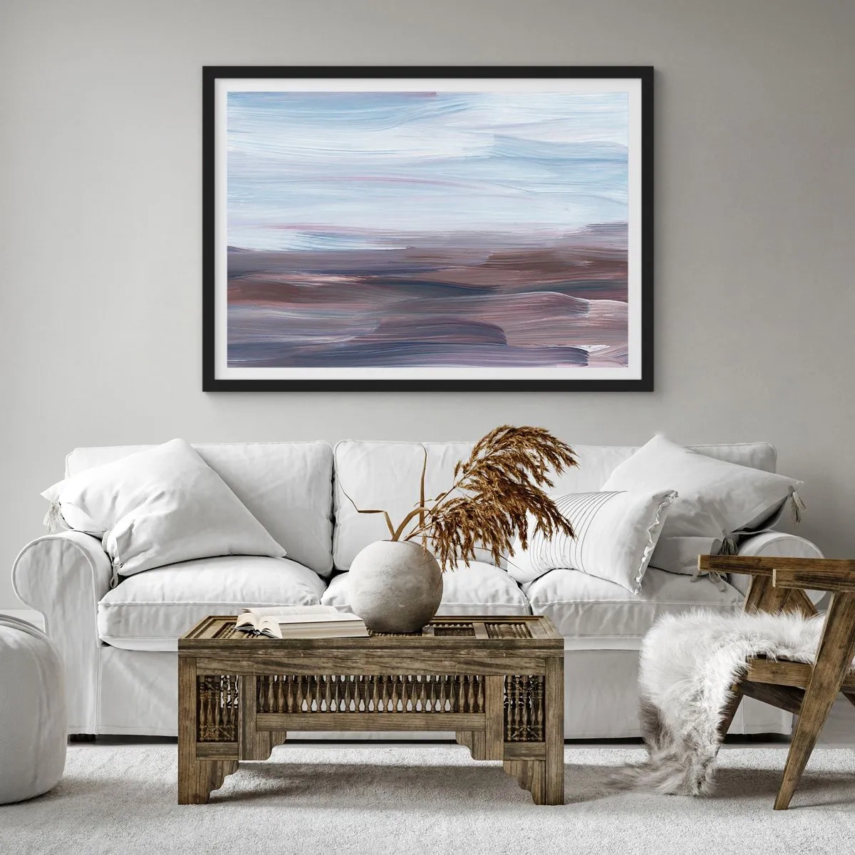 Póster en marco negro - Una abstracción sutil con trazos delicados en tonos pastel. - 70x50cm - Elementos: agua - Decoración de pared moderna para salón y dormitorio ARTTOR