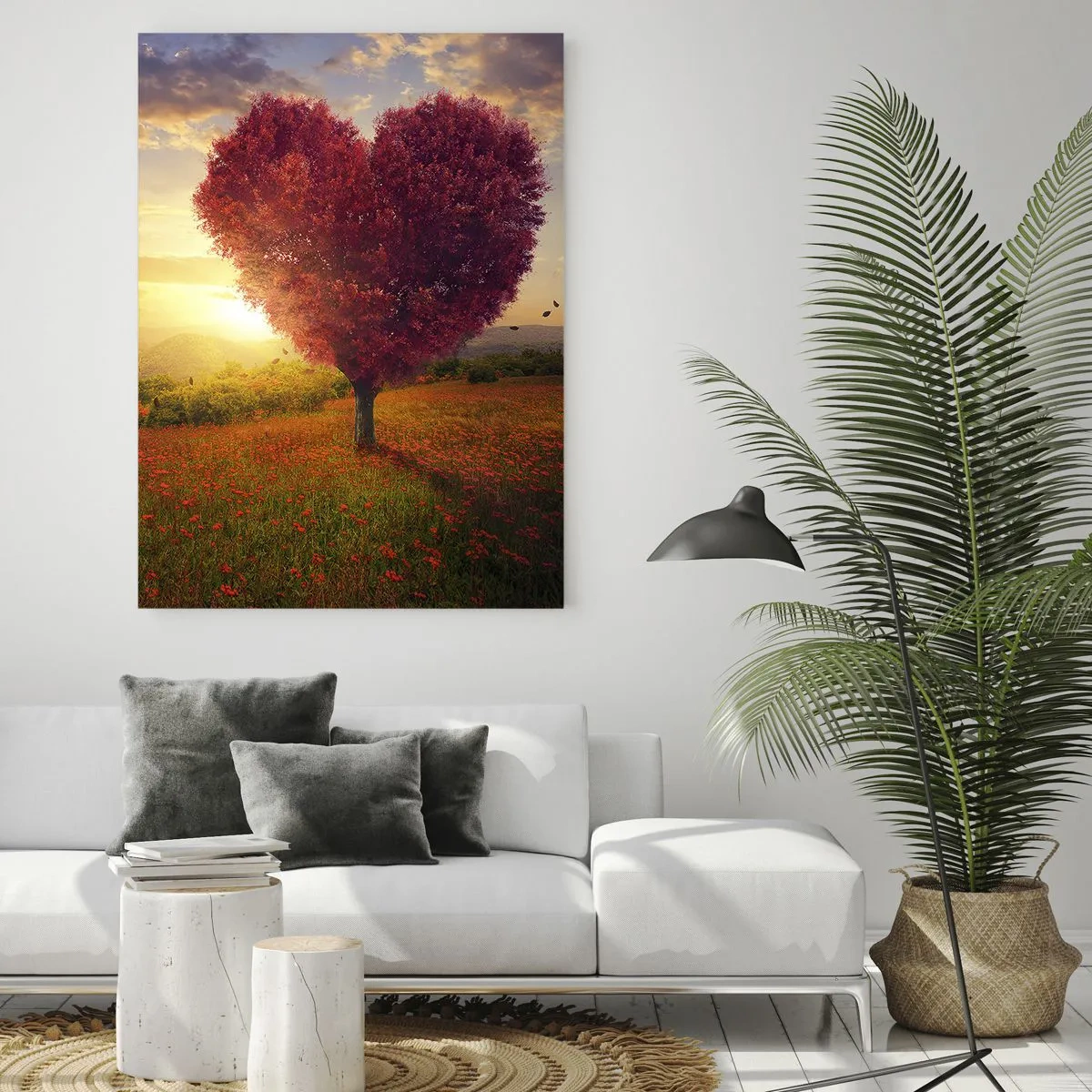 Cuadro sobre vidrio - Impresiones sobre Vidrio - Un árbol en forma de corazón en un campo al atardecer. - 50x70cm - Te atrapa el corazón - Decoración de pared moderna para salón y dormitorio ARTTOR