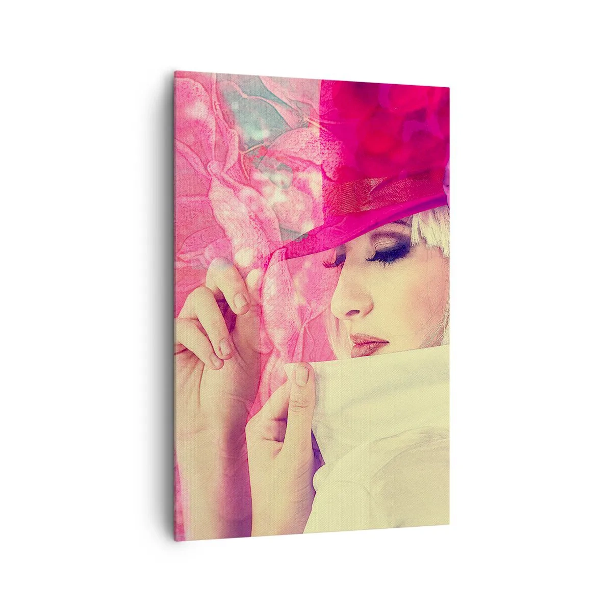 Cuadro sobre lienzo - Impresión de Imagen - Mujer elegante con un sombrero rosa y una flor. - 80x120cm - Retrato retro en rosa - Decoración de pared moderna para salón y dormitorio ARTTOR