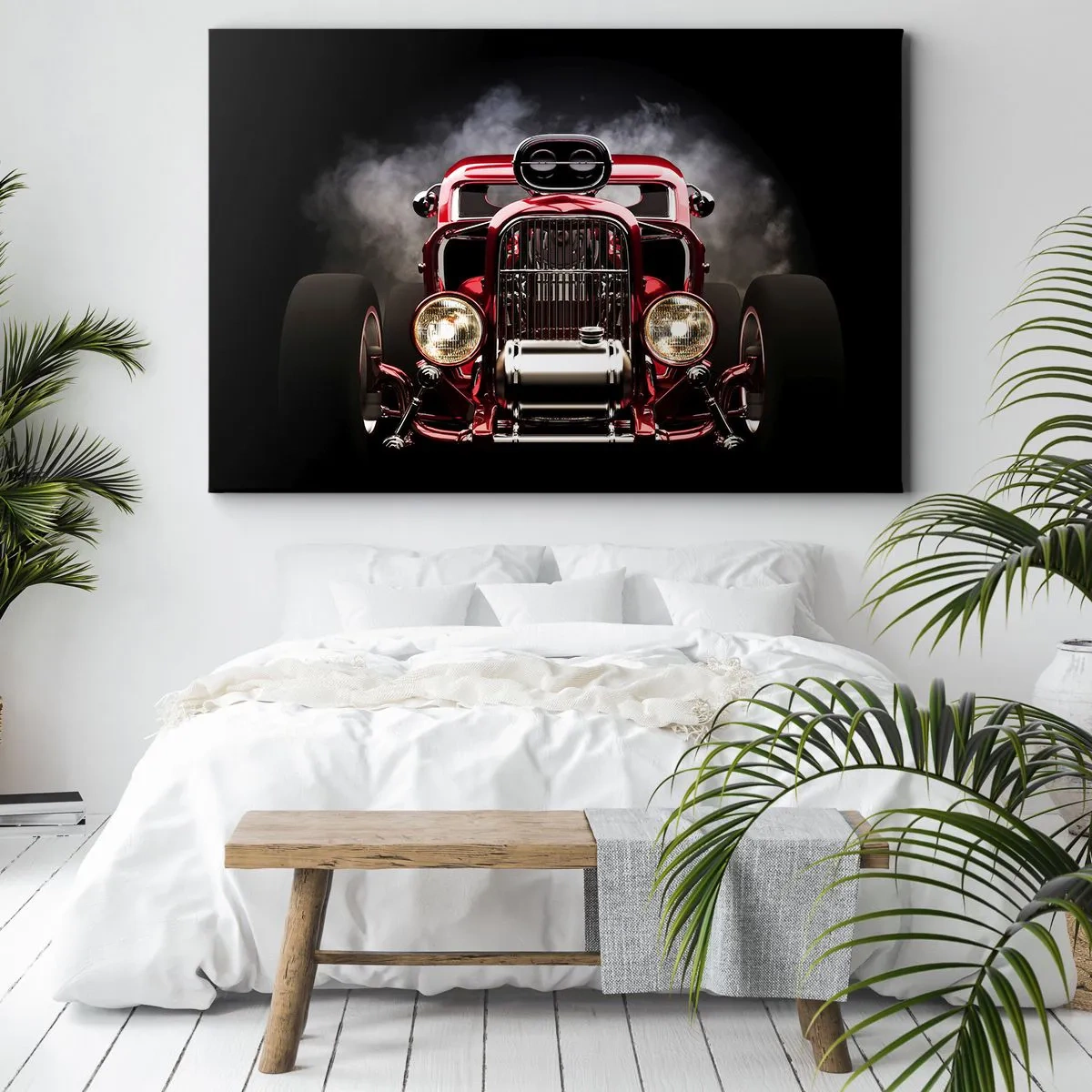 Cuadro sobre lienzo - Impresión de Imagen - Coche de carreras clásico rojo sobre un fondo oscuro - 70x50cm - Rápida y furiosamente bella - Decoración de pared moderna para salón y dormitorio ARTTOR