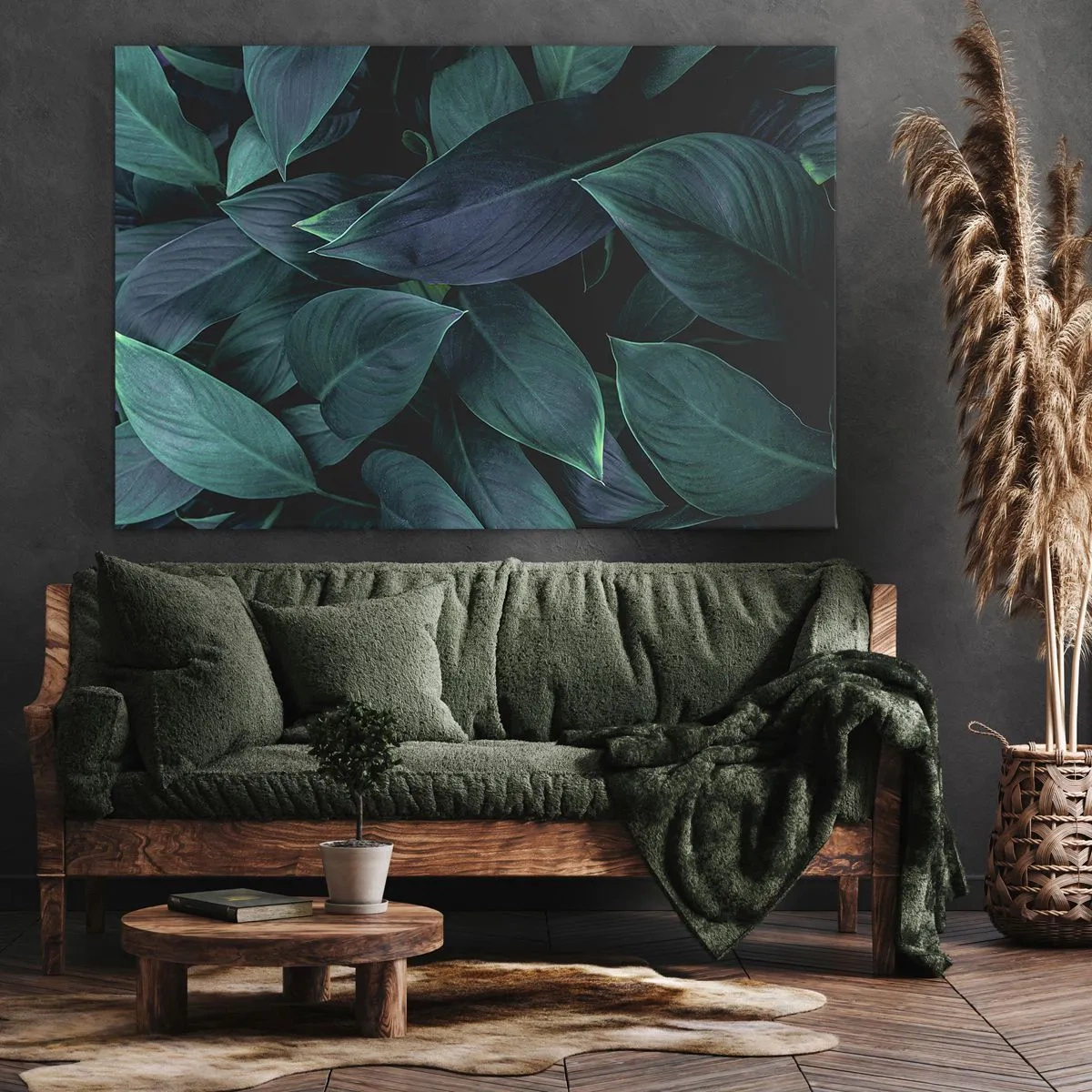 Cuadro sobre lienzo - Impresión de Imagen - Primer plano de hojas verdes con un fondo oscuro - 100x70cm - El propio verde - Decoración de pared moderna para salón y dormitorio ARTTOR