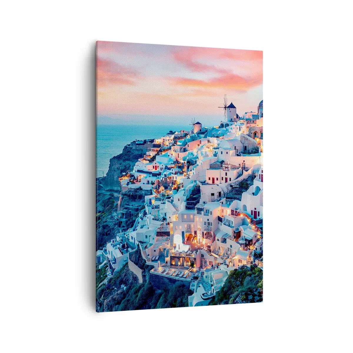 Cuadro sobre lienzo - Impresión de Imagen - Santorini al atardecer con edificios blancos en la colina - 70x100cm - Vacaciones en Grecia - Decoración de pared moderna para salón y dormitorio ARTTOR