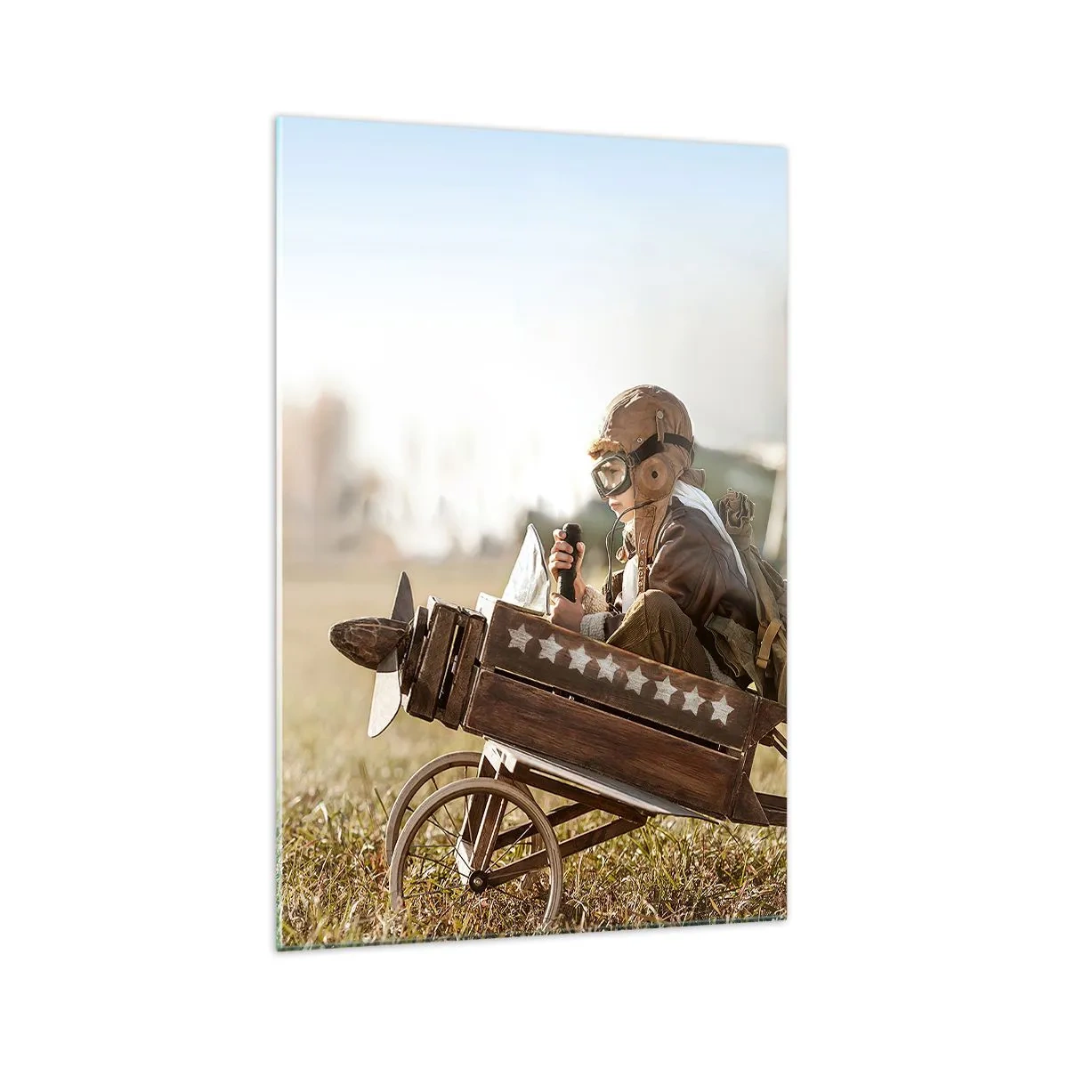 Cuadro sobre vidrio - Impresiones sobre Vidrio - Un niño en un avión de juguete con un campo al fondo. - 70x100cm - Despegue hacia un sueño - Decoración de pared moderna para salón y dormitorio ARTTOR
