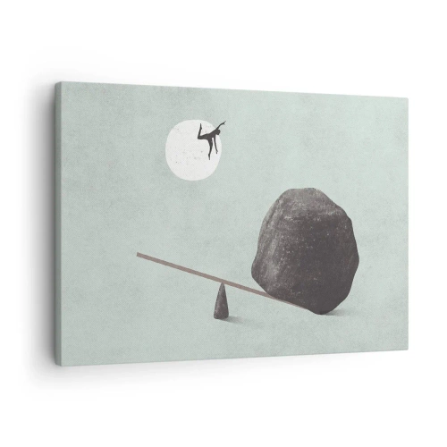 Cuadro sobre lienzo - Impresión de Imagen - Una escena simbólica con una figura y un equilibrio contra un cielo brillante. - 70x50cm - Un sueño hecho realidad - Decoración de pared moderna para salón y dormitorio ARTTOR