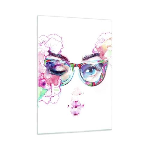 Cuadro sobre vidrio - Impresiones sobre Vidrio - Ojos de mujer con flores y gafas de colores en estilo acuarela. - 50x70cm - Una promesa tentadora - Decoración de pared moderna para salón y dormitorio ARTTOR