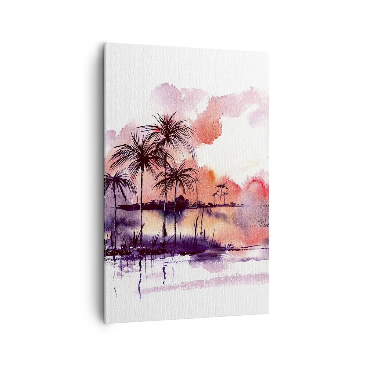 Cuadro sobre lienzo - Impresión de Imagen - Paisaje tropical con palmeras al atardecer en acuarela. - 80x120cm - La calma de los trópicos en rojo - Decoración de pared moderna para salón y dormitorio ARTTOR