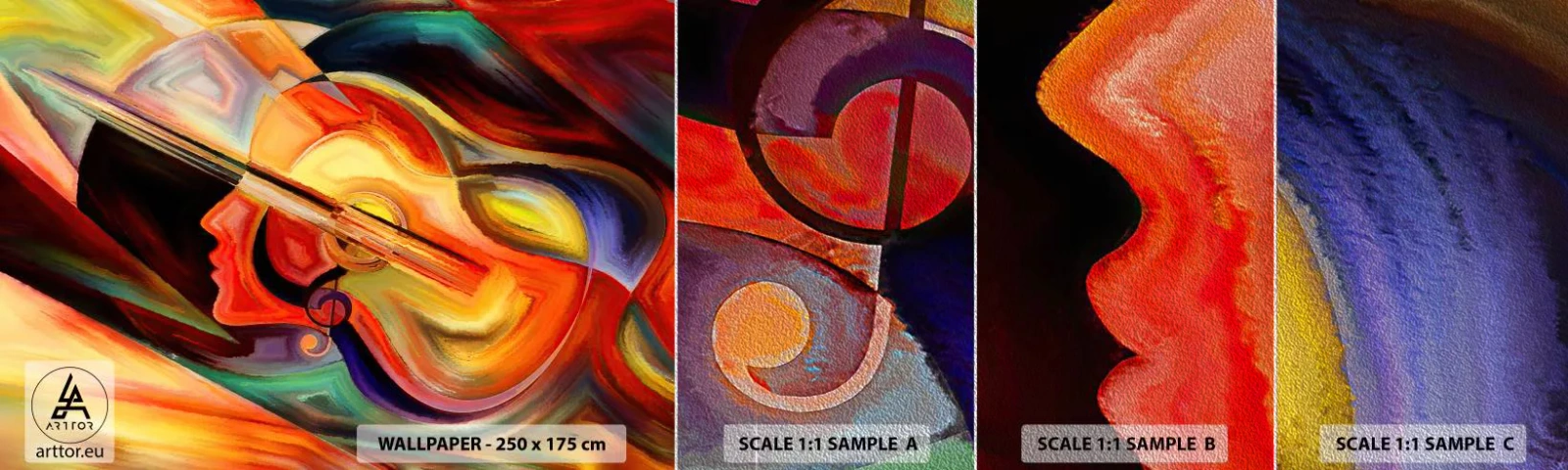 Muestra de fotomural Premium Sand - Juego musical - Abstracción, cara de mujer, Violín - 100x30 cm