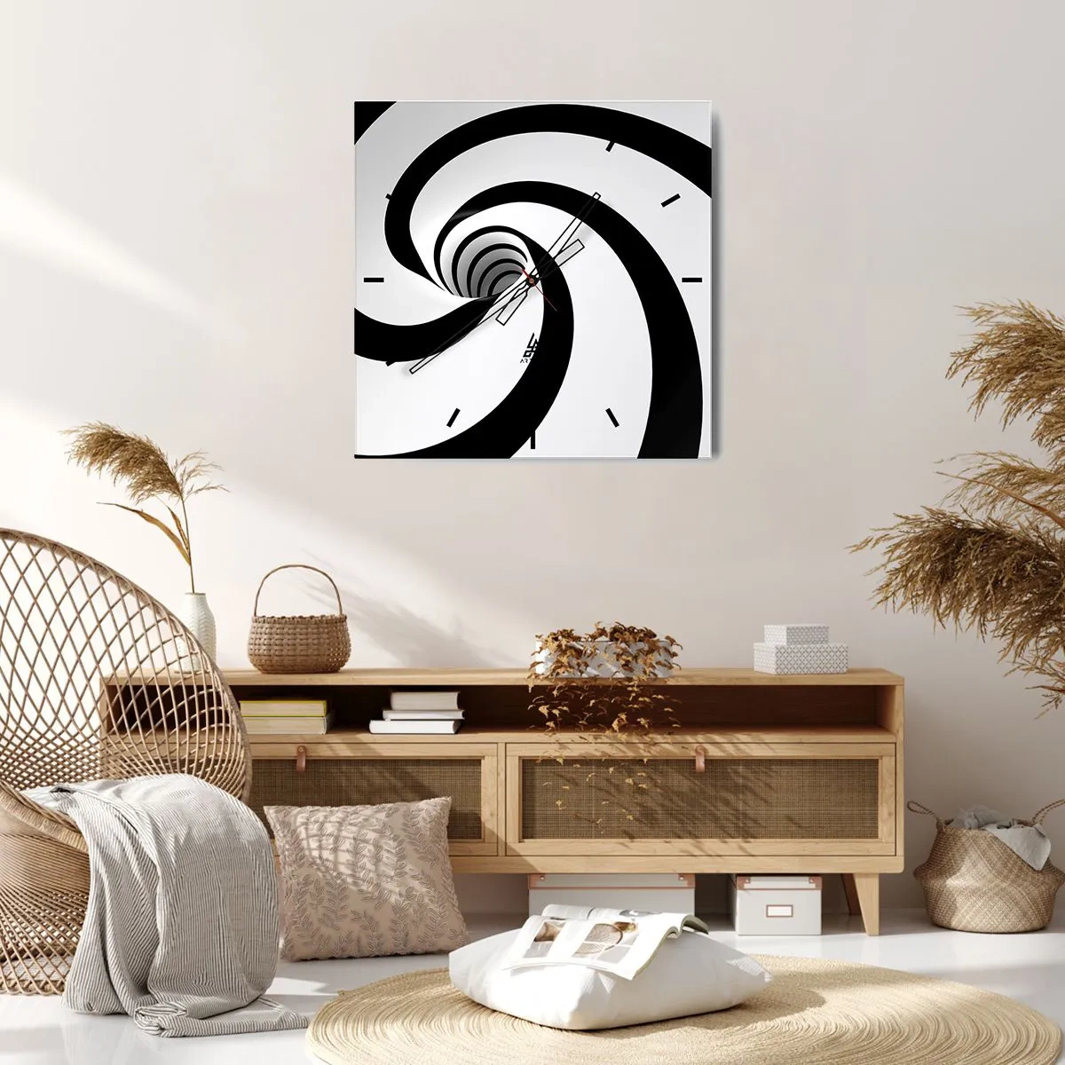 Reloj de pared - Reloj de vidrio - Espiral abstracta en blanco y negro con efecto de remolino - 30x30cm - ¿Ceder al torbellino? - Decoración de pared moderna para salón y dormitorio ARTTOR