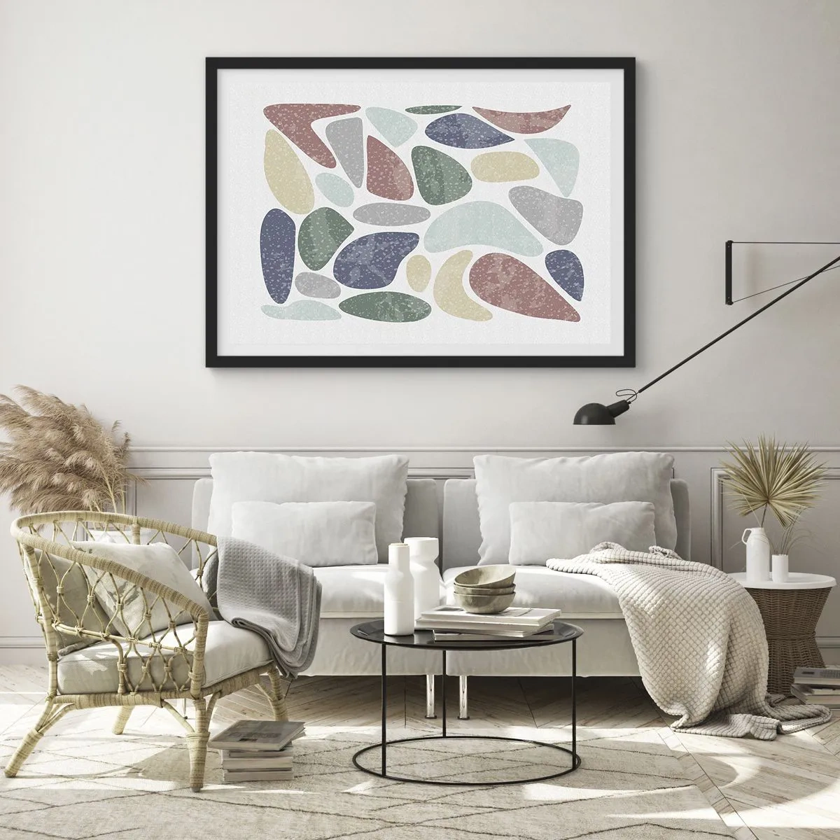 Póster en marco negro - Formas orgánicas coloridas sobre un fondo blanco - 70x50cm - Mosaico de colores empolvados - Decoración de pared moderna para salón y dormitorio ARTTOR