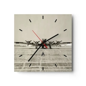 Reloj de pared - Reloj de vidrio - Avión histórico en el aeropuerto en sepia - 30x30cm - Como siempre, preparado - Decoración de pared moderna para salón y dormitorio ARTTOR