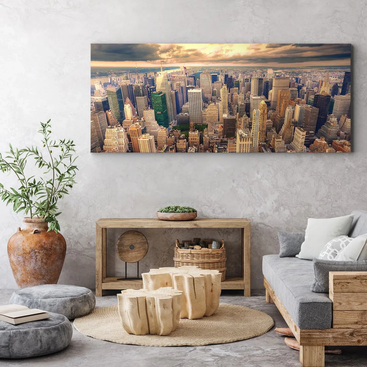 Cuadro sobre lienzo - Impresión de Imagen - Panorama de la ciudad con vistas a los rascacielos al atardecer - 140x50cm - Metrópolis dorada - Decoración de pared moderna para salón y dormitorio ARTTOR